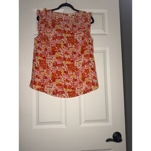 Doe And Rae Short Flutter Sleeve Top Red Orange White Pink Floral Large